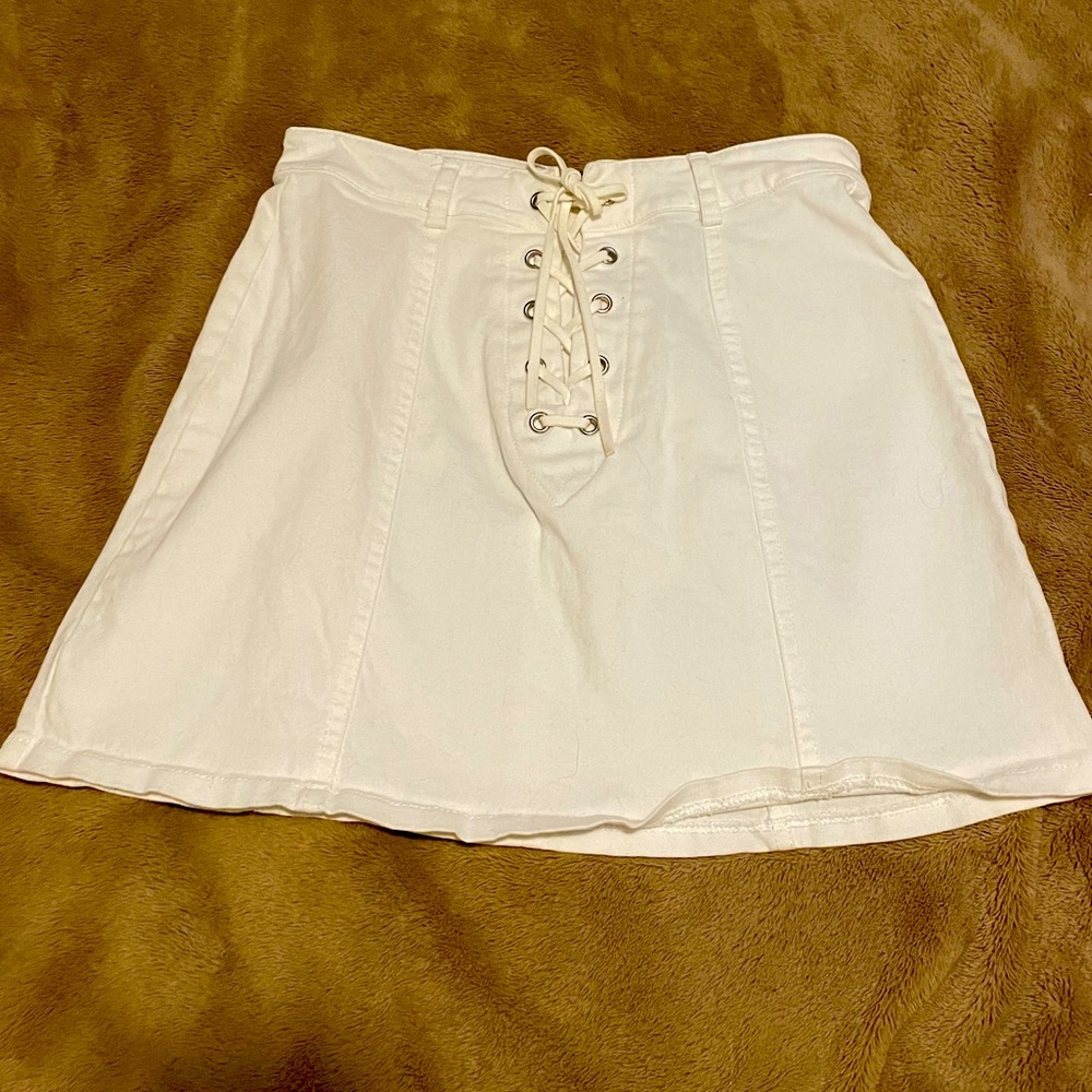 Forever 21 XS White Denim High-Rise Skirt with Lace Up Front